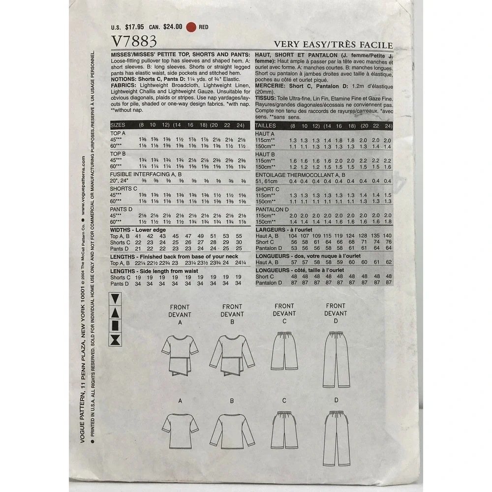 Vogue V7883 Very Easy Blouse Knee-Length Shorts Wide-leg Pants Sz 20 22 24 UNCUT